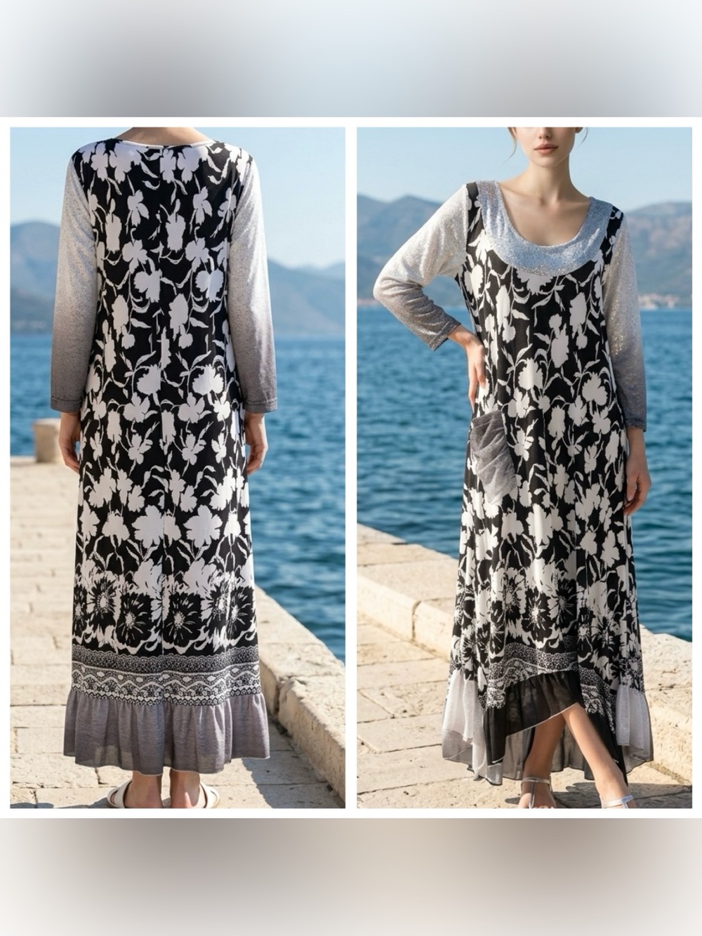 Simply Aster Women Sz L Maxi floral pullover dress semi sheer ruffle/ sleeves